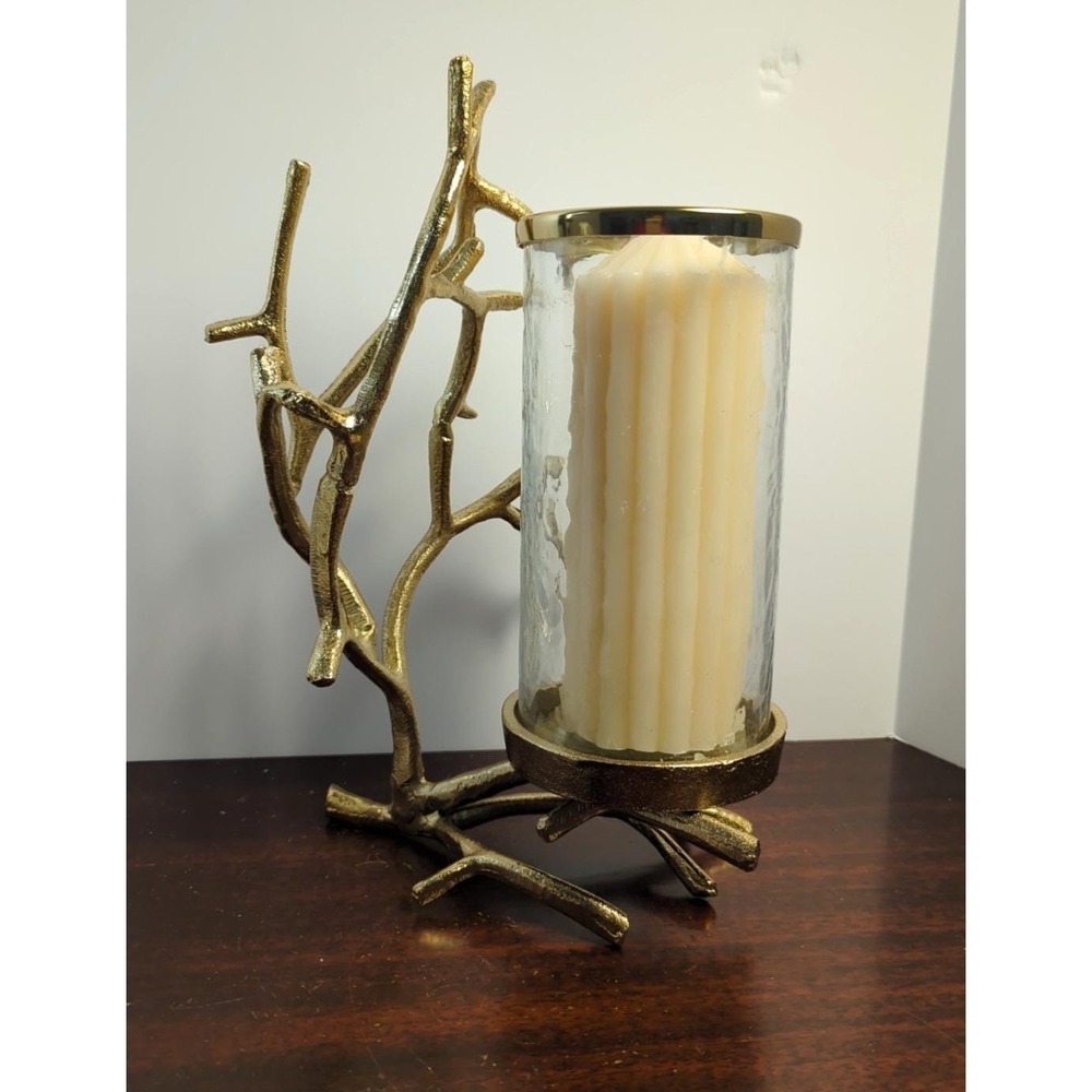 Gold Branch Hurricane Candle Holder Glass Cylinder Lantern Woodland Glam Decor